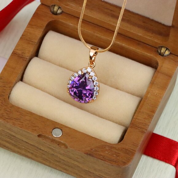 "Teardrop Purple Pendant with Crystal Halo in Elegant Rose Gold Finish, XPPT1615 - Picture 5 of 13
